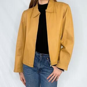 Vintage Spring Yellow Boxy Cropped Pointed Spread Collar Leather Jacket Sz M